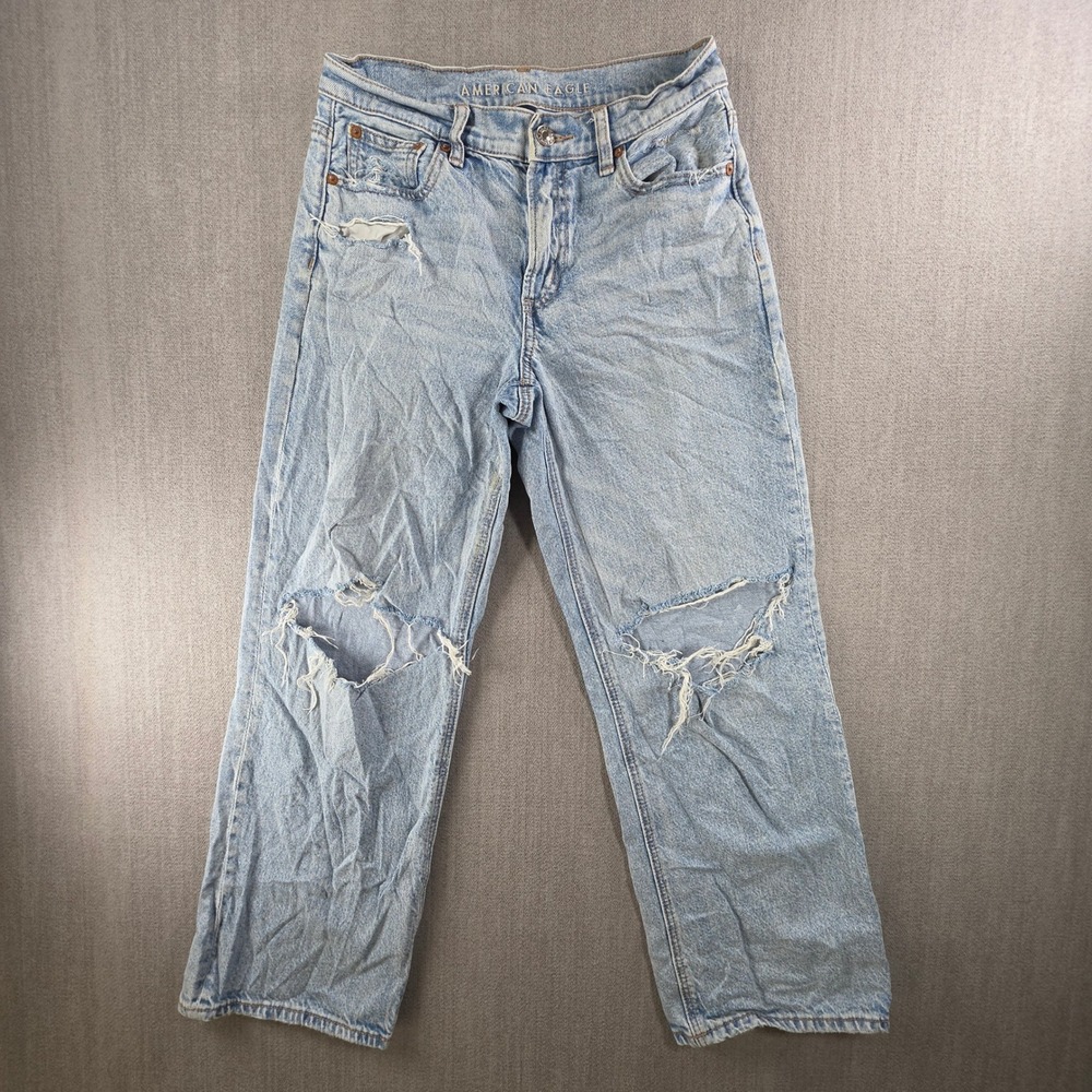 American Eagle Strigid Jeans Womens 2‎ Light Blue Distressed Straight Leg Denim